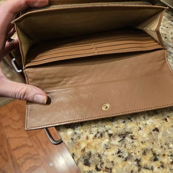 This is a Bottega Veneta Intrecciato Woven Tan Leather Continental Flap Wallet - Picture 5 of 6